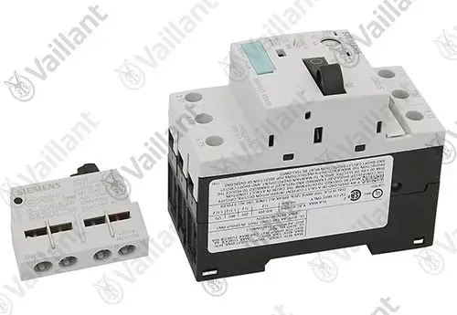 Schwarz-weiße elektrische Komponente von Vaillant, bestehend aus einem Motorschutzschalter mit einer abnehmbaren Sicherungseinheit.